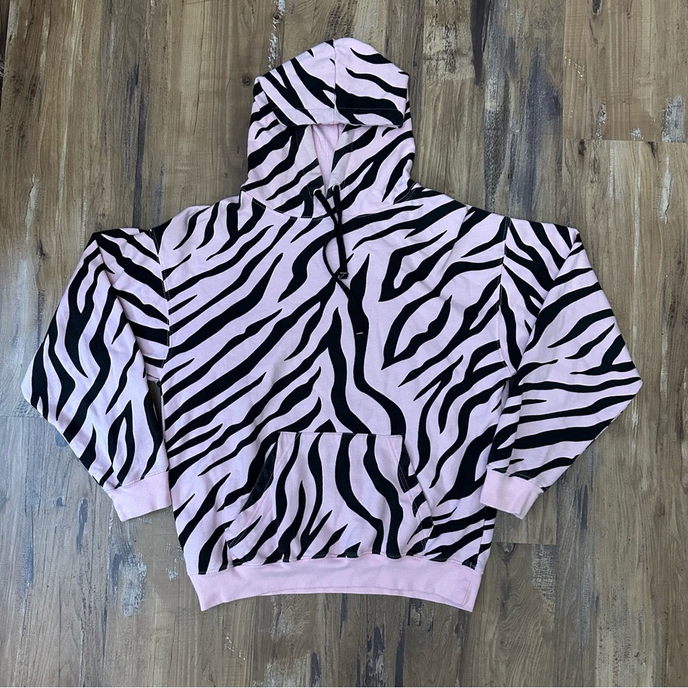 VTG Y2K 2000s Light Pink Zebra Print Hooded Sweatshirt Hoodie